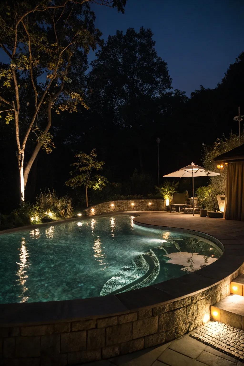 A semi-inground pool illuminated with gentle illumination for evening swims.