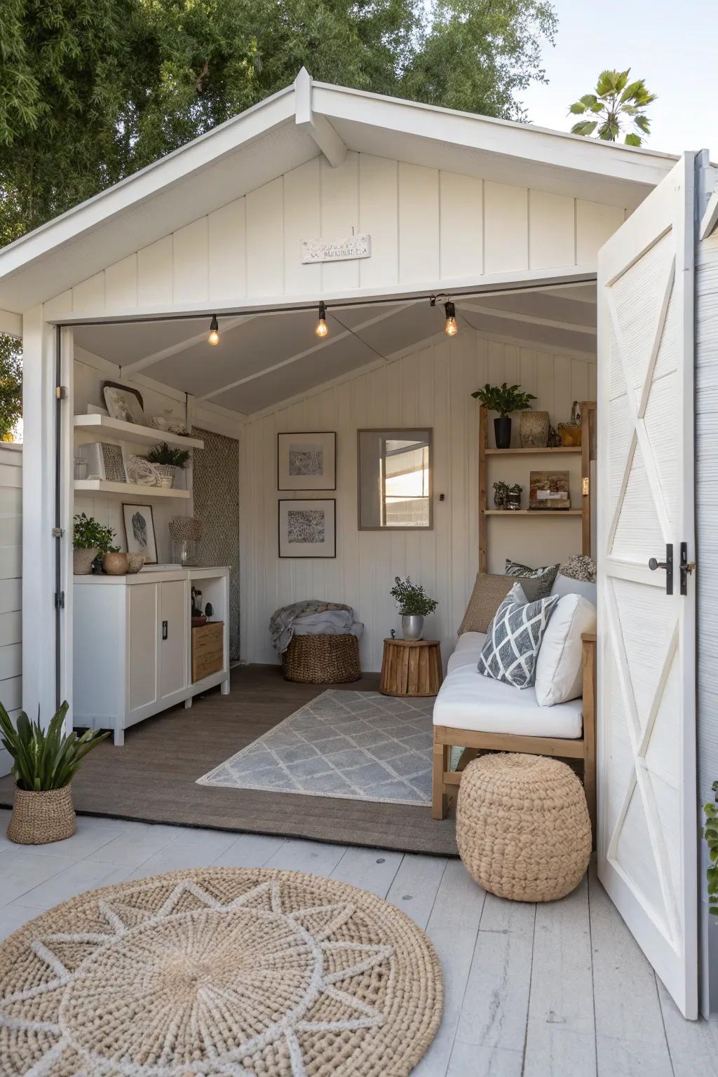 Conjure a contemporary minimalist space inside your she shed through streamlined design and neutral colors.