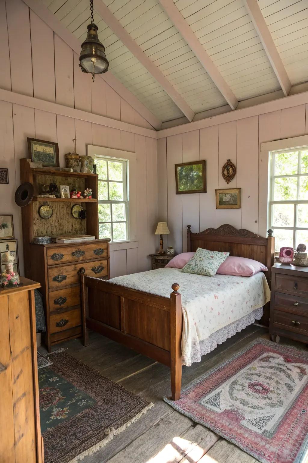 Vintage finds add character and charm to your shed bedroom.