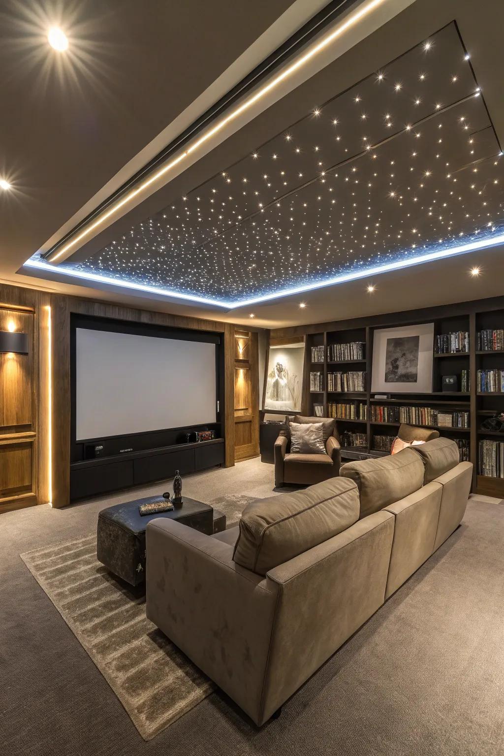 Ambient LED strip lighting in a modern media room.