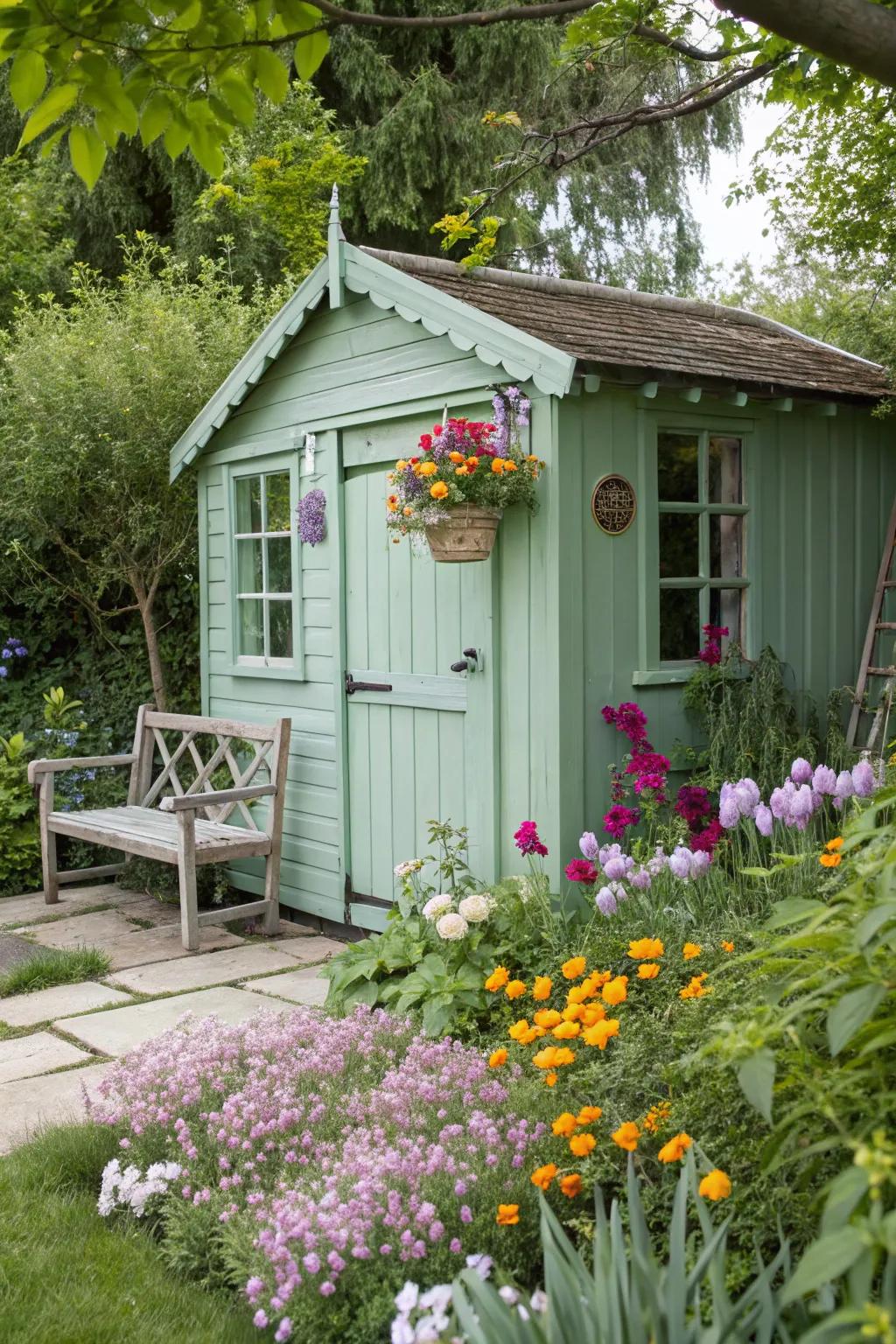 Mint green sheds provide a refreshing and stimulating garden getaway.