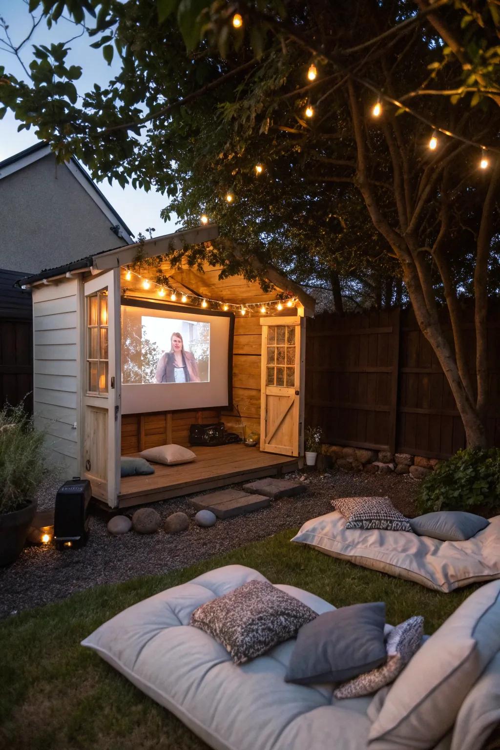 A garden shed converted into an exterior cinema for magical movie nights.