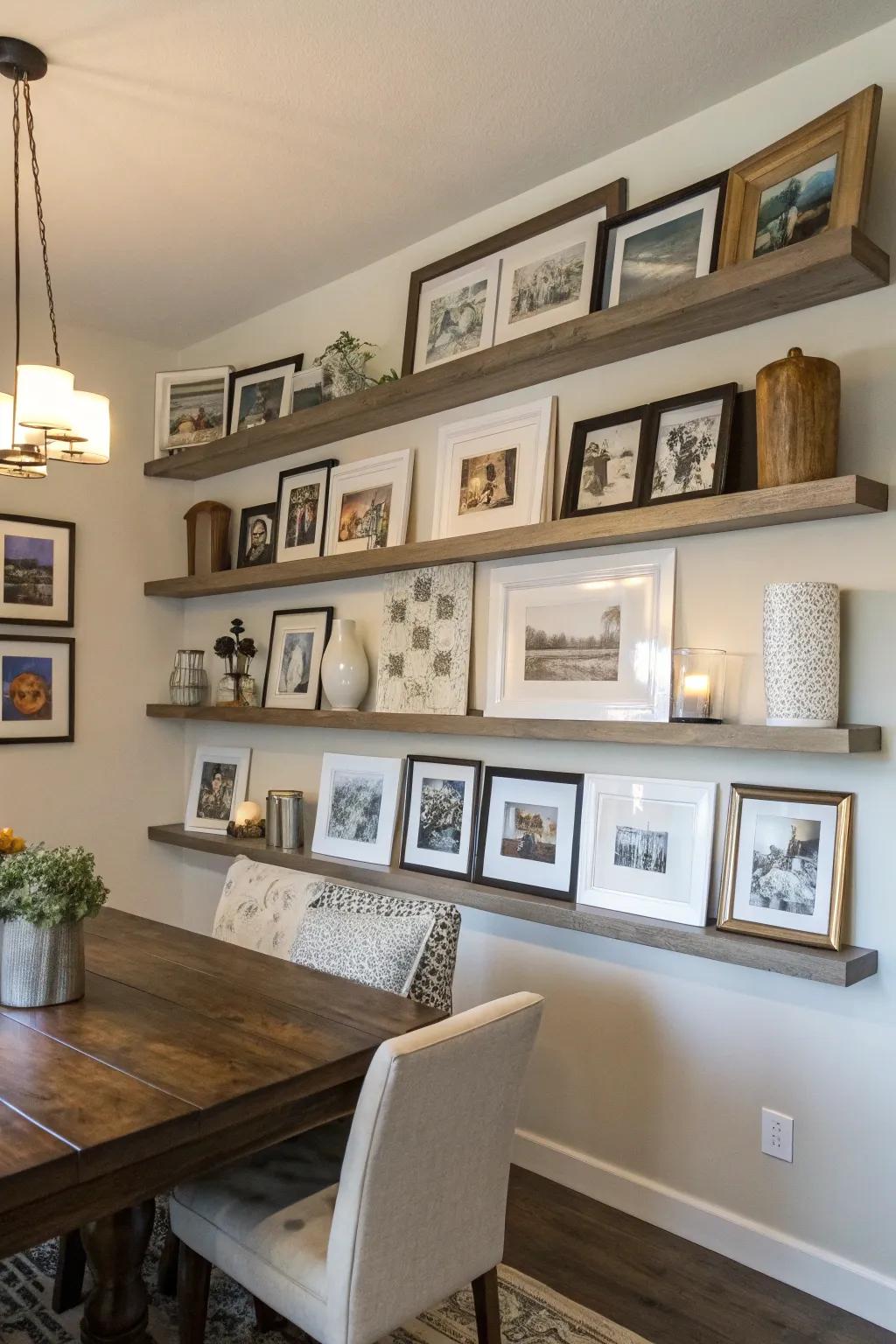 Displaying artistry and imagery across the dining room shelves like a displayed gallery expanse.