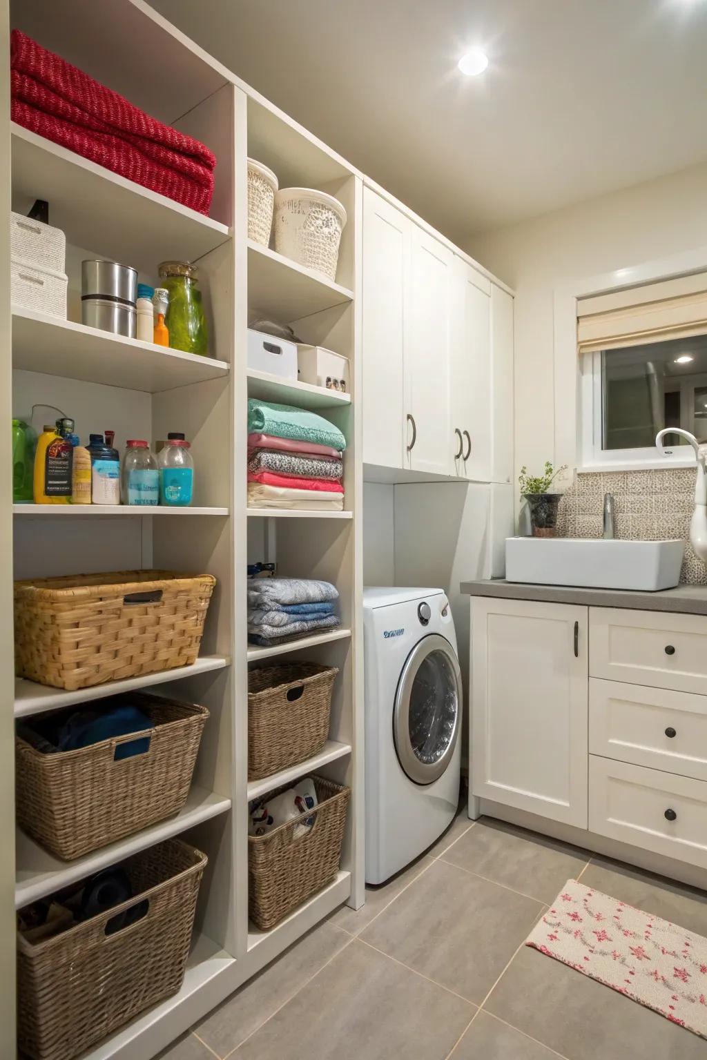 Shelving in a utility room used as a divider, creating distinct zones for various activities.