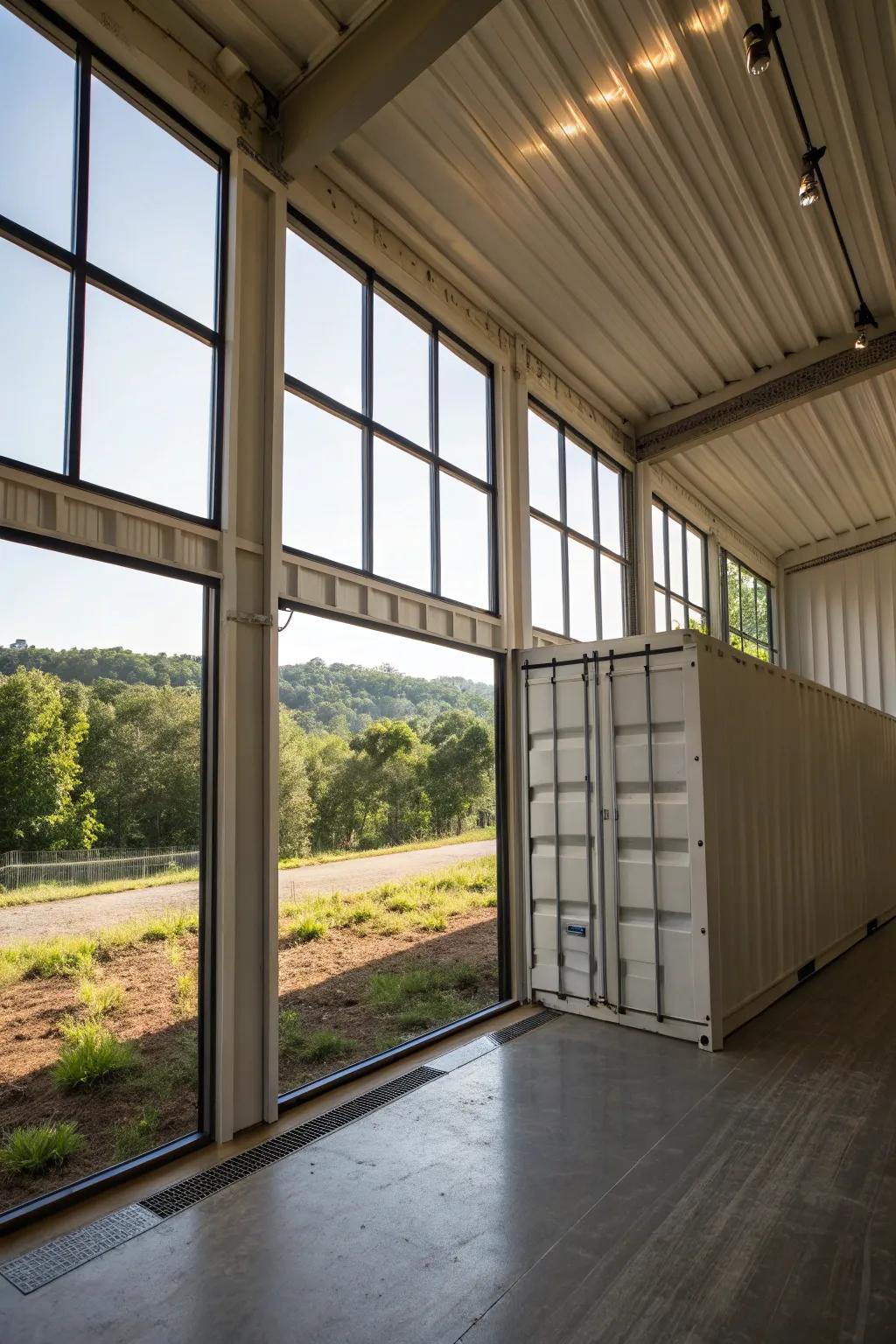 A bright and airy shipping container barn filled with natural light.