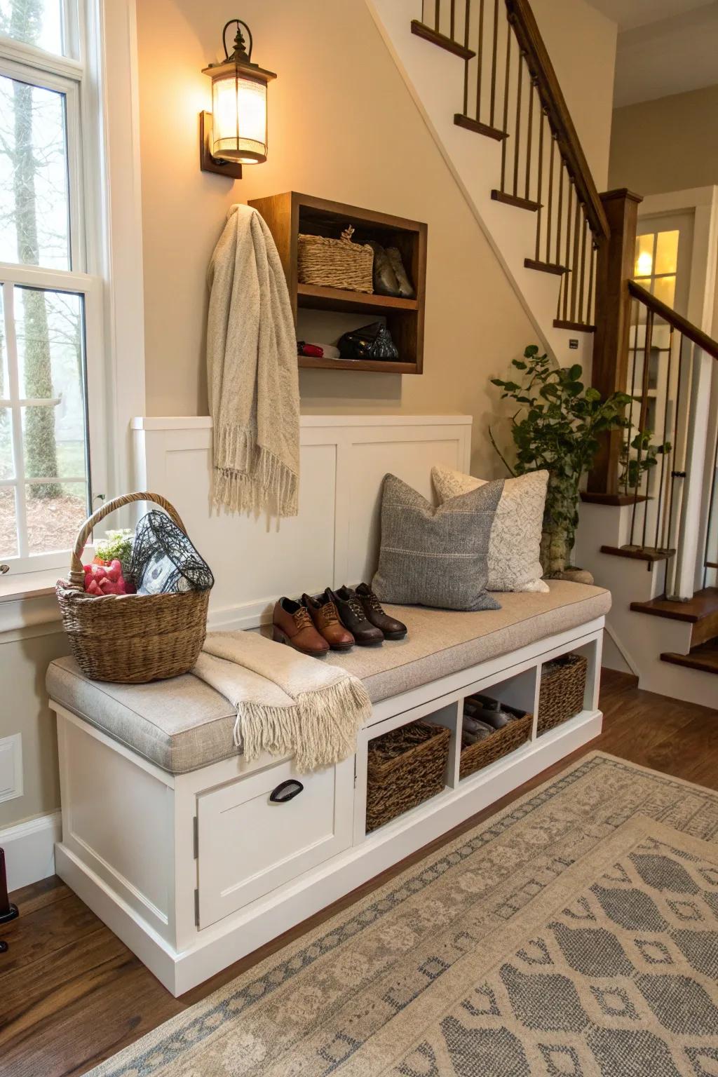 A hidden storing bench provides elegant footwear storing answers.