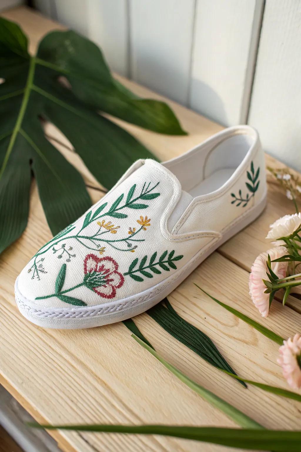 Step into nature with these beautifully embroidered canvas shoes, where simplicity meets artistry.