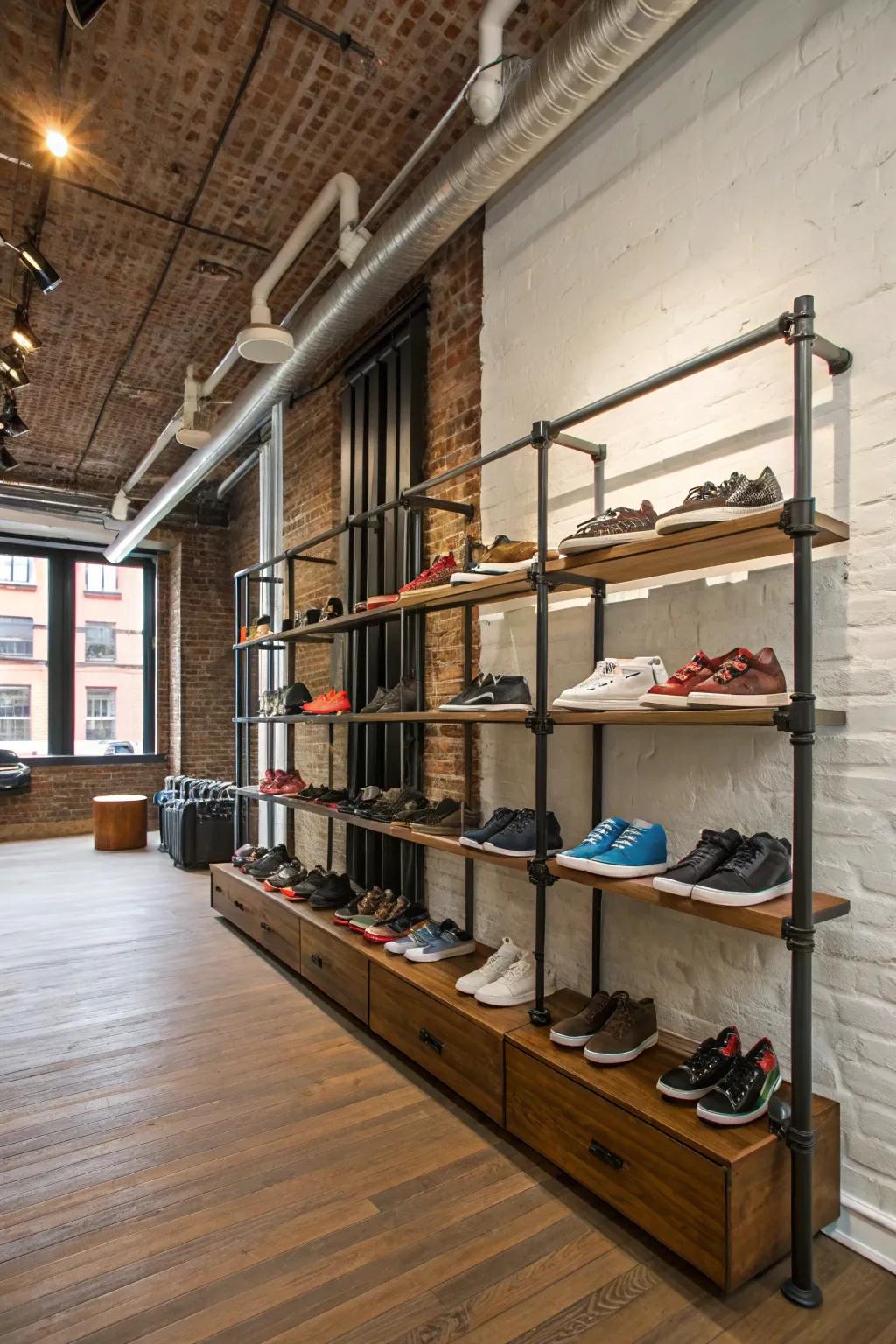 Pipe shelving adds an industrial edge to your shoe display.