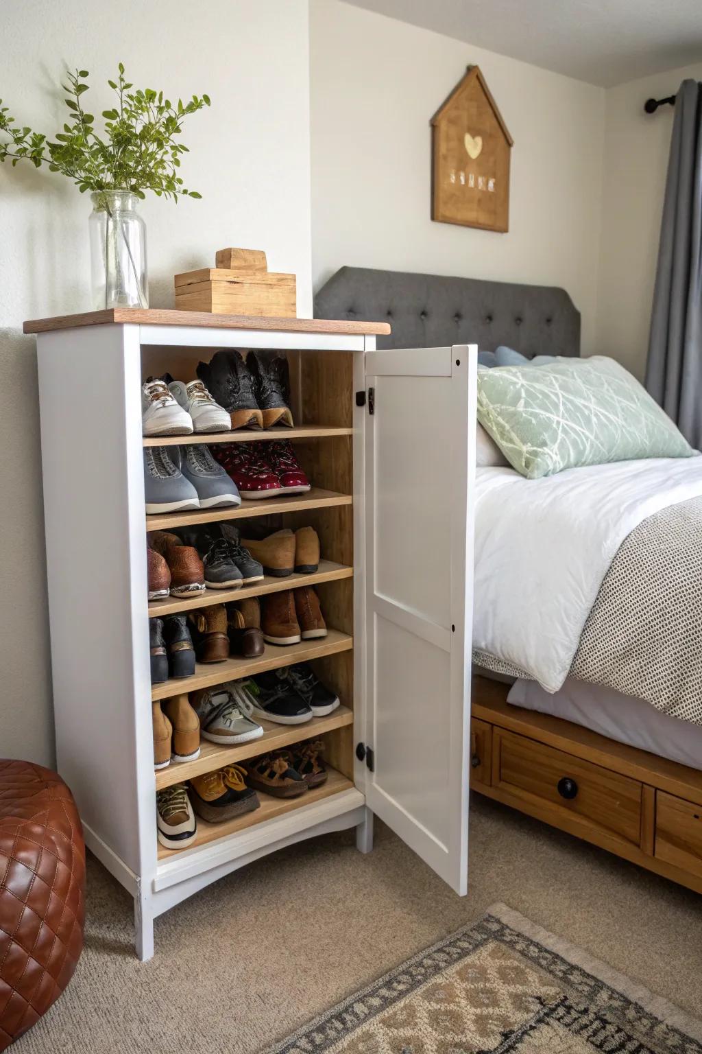 Employ a bedside armoire for chic and practical shoe storage.