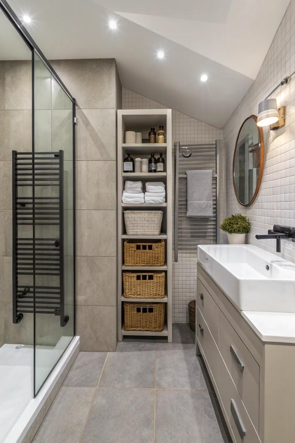 A clutter-free washroom featuring clever out-of-sight storage solutions.