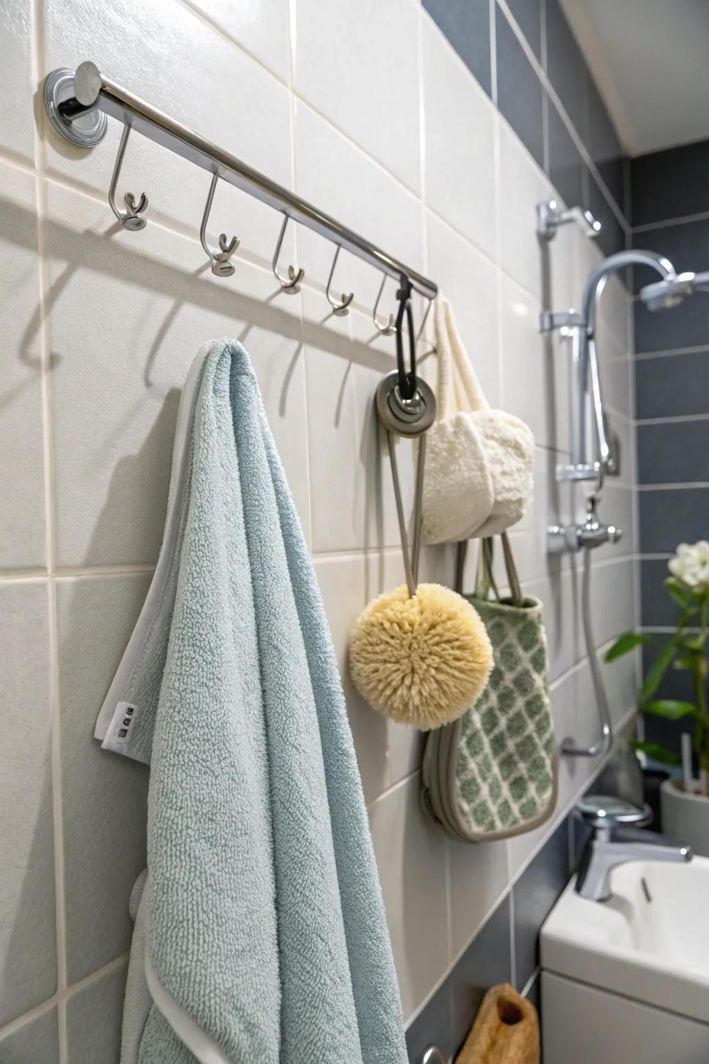 Wall hooks deliver flexible hanging answers within the shower.