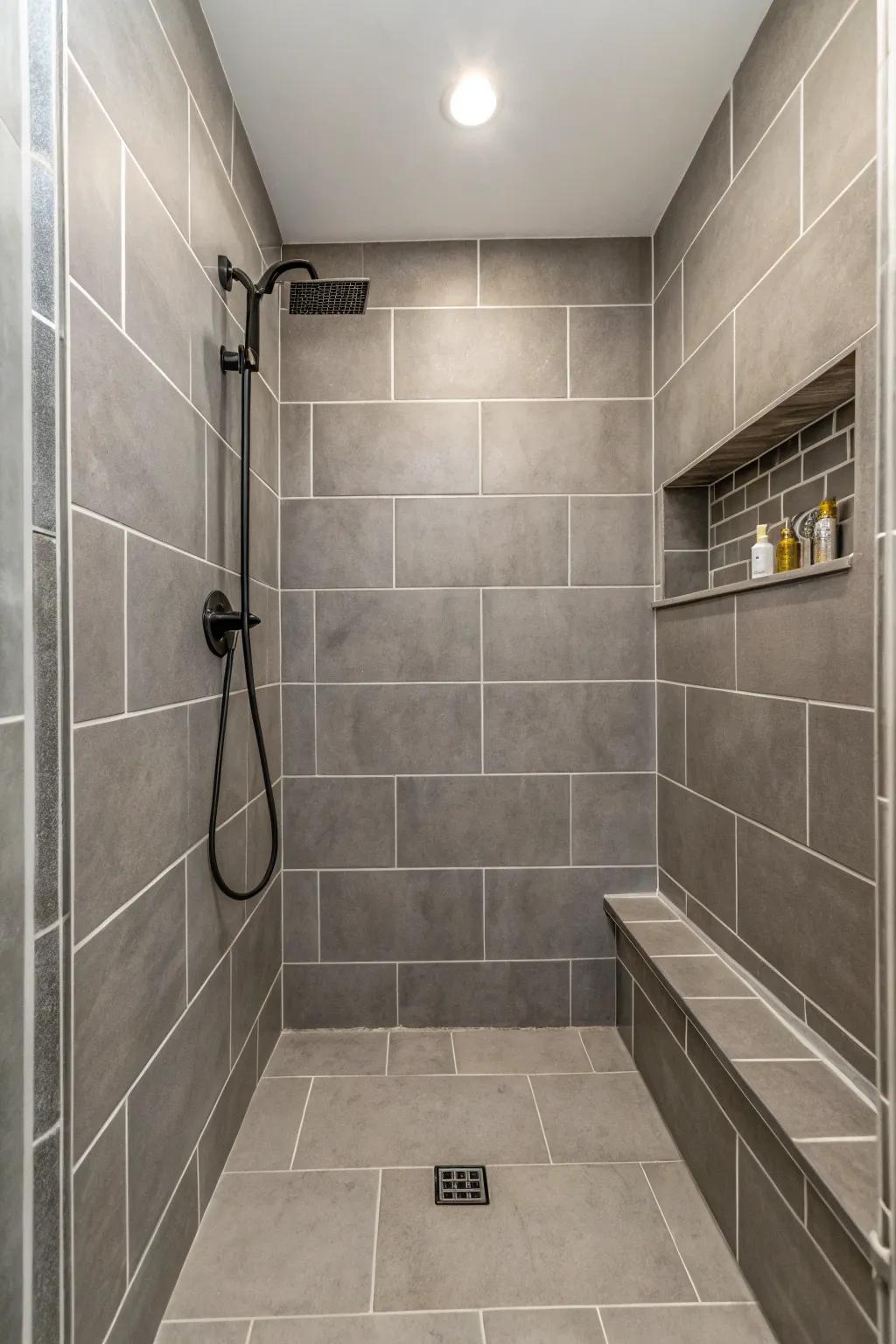 Elegant minimalism showcasing grey tiles in a shower.