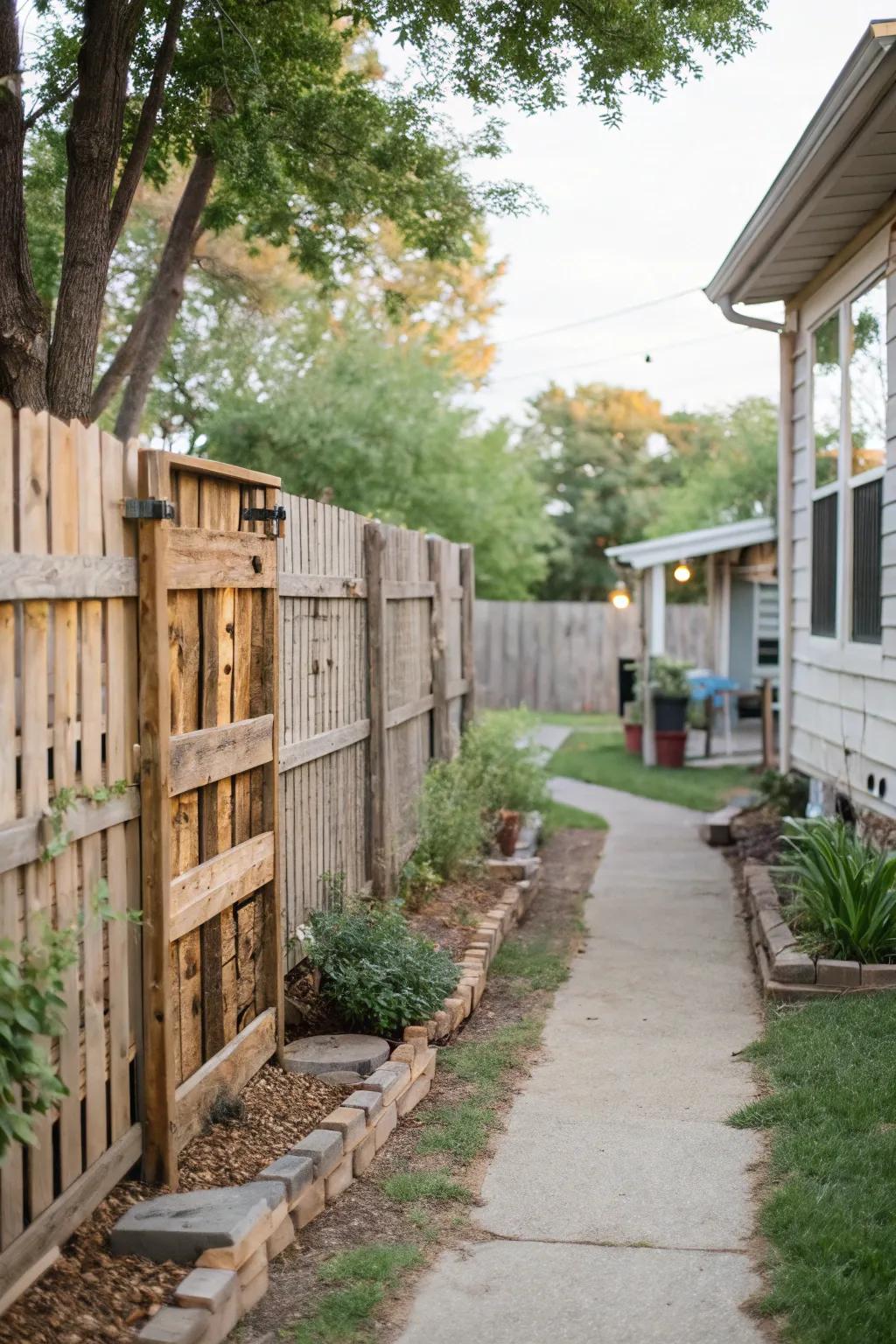 Unique side yard with wooden pallet fence.