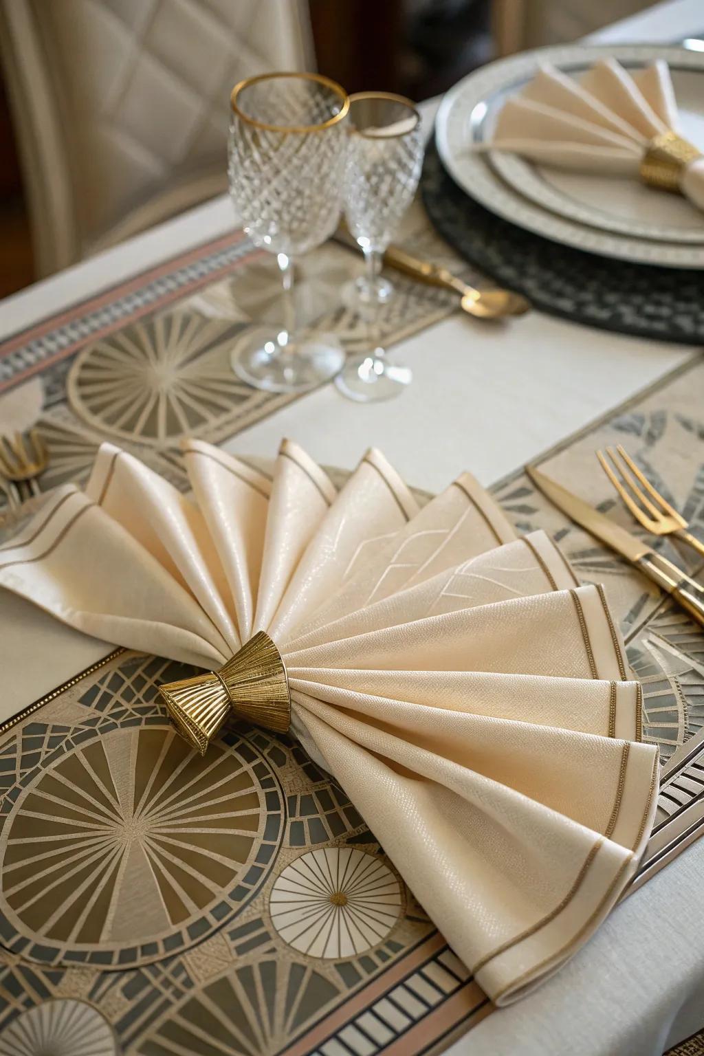 A silken cloth arranged into an old fan, bringing a touch of vintage glam to your dinner party.