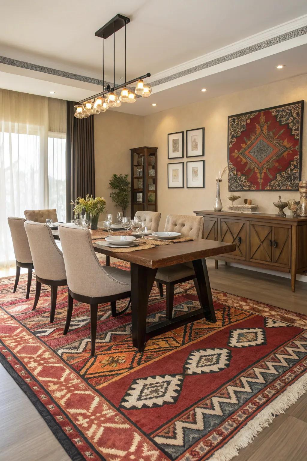 A bold rug unifies the dining room with style.