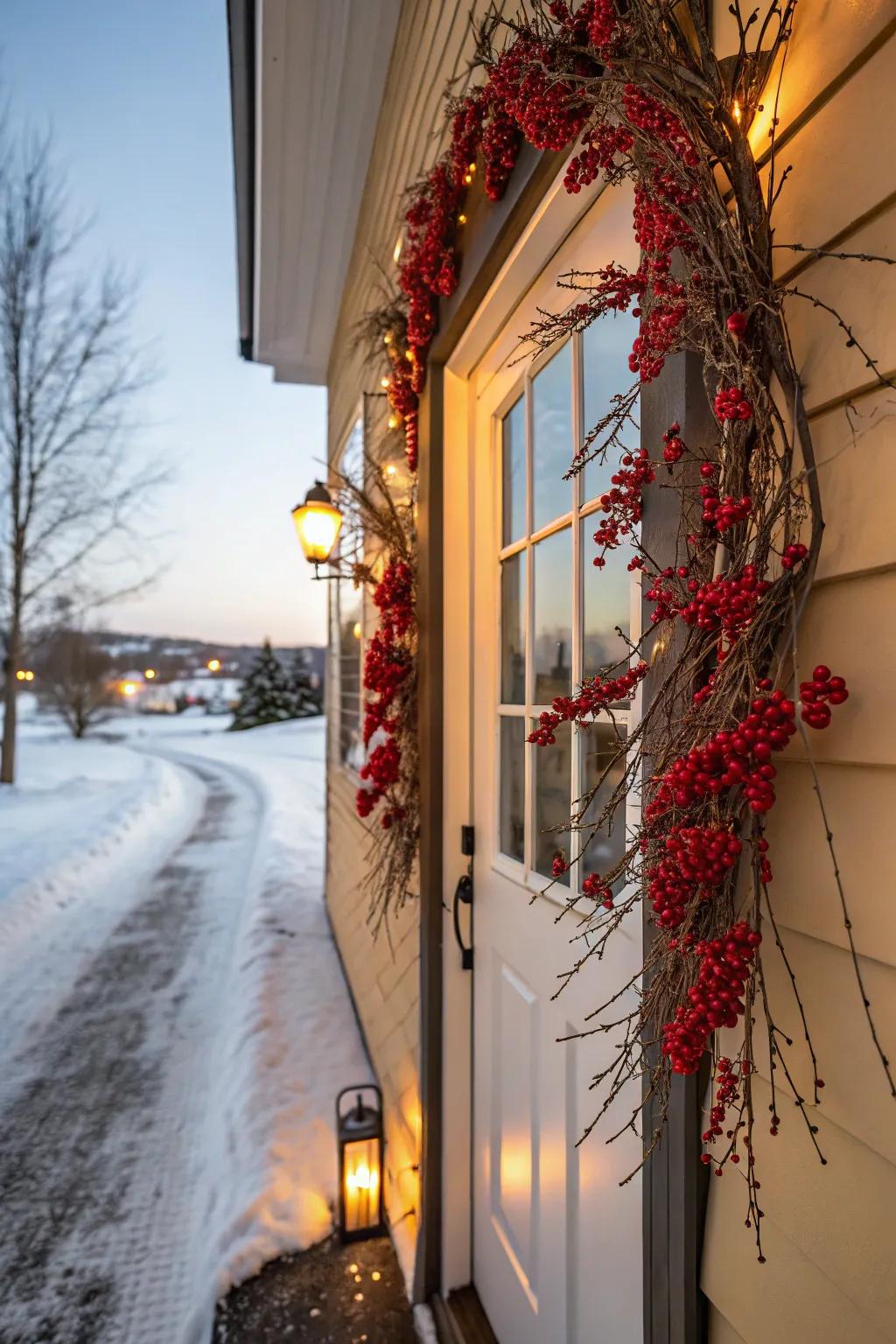 Winterberries present a vibrant splash of crimson between verdant designs.