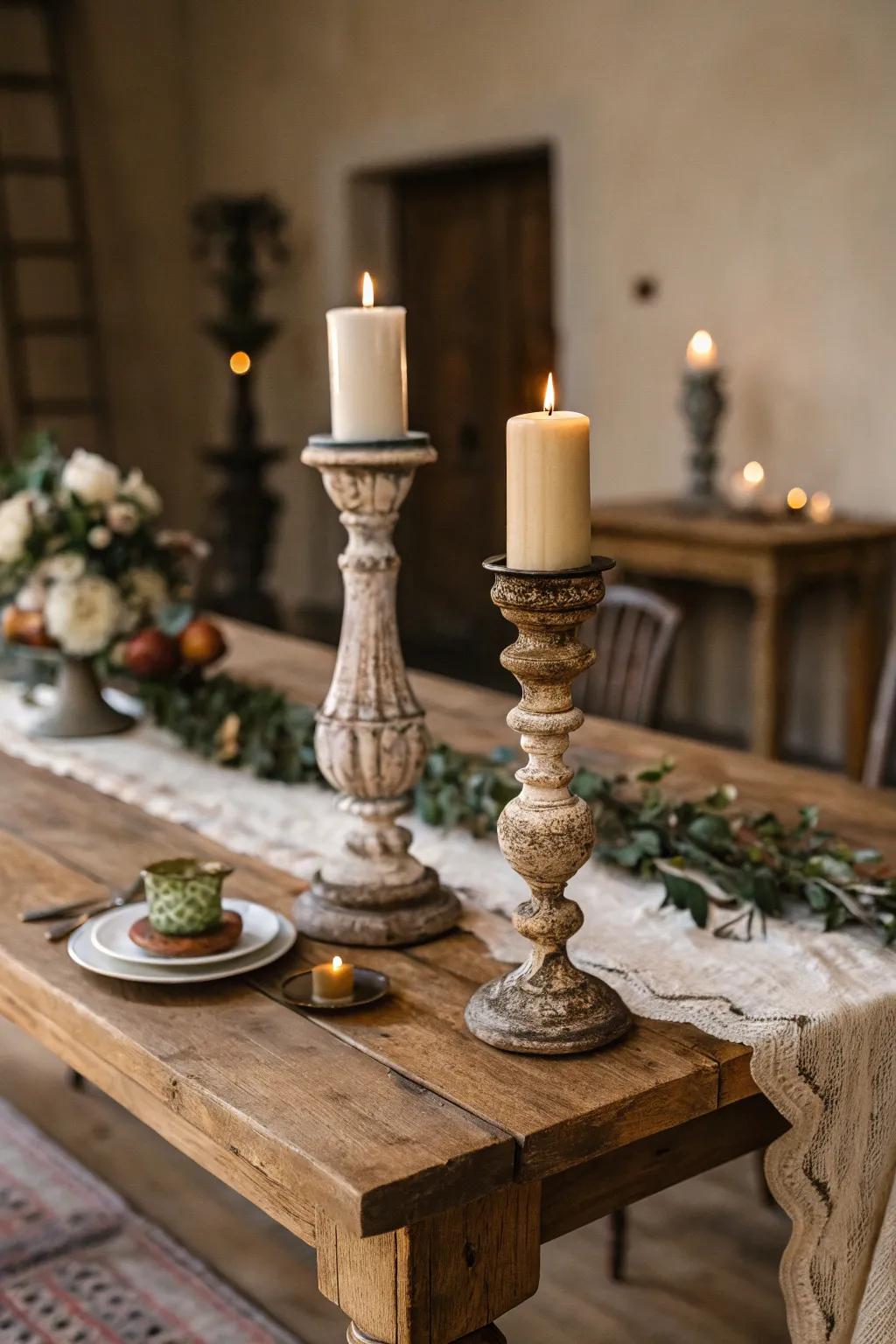 Heirloom light holders enriching a rustic table setting.