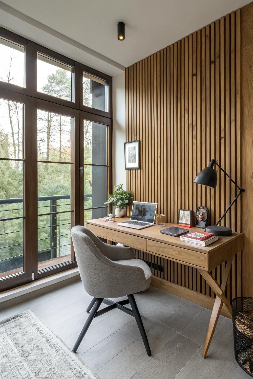 A domestic office showcasing a lumber strip wall that enhances the workspace.