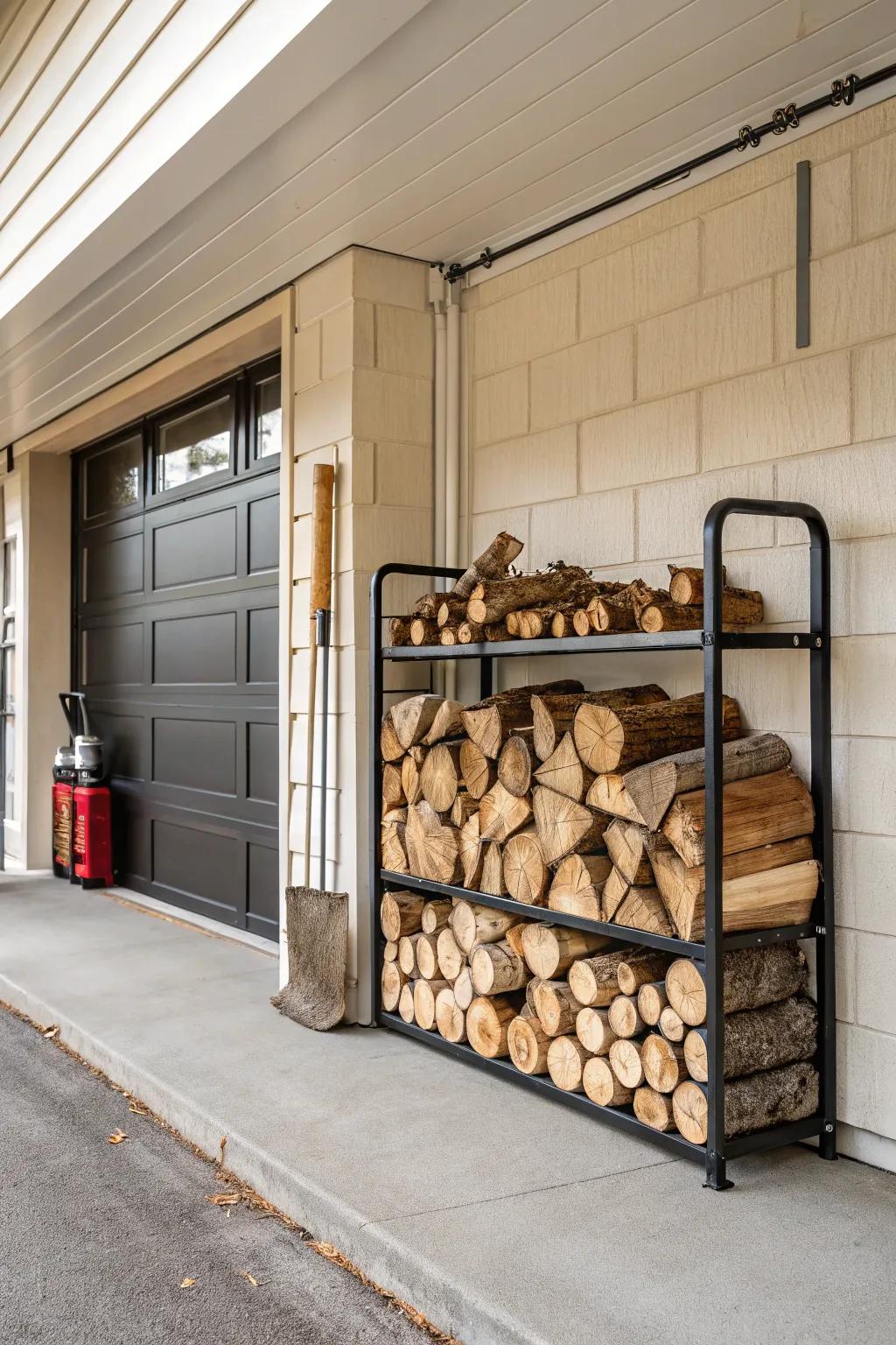 A panel-track firewood holder keeps logs organized and ready for use.