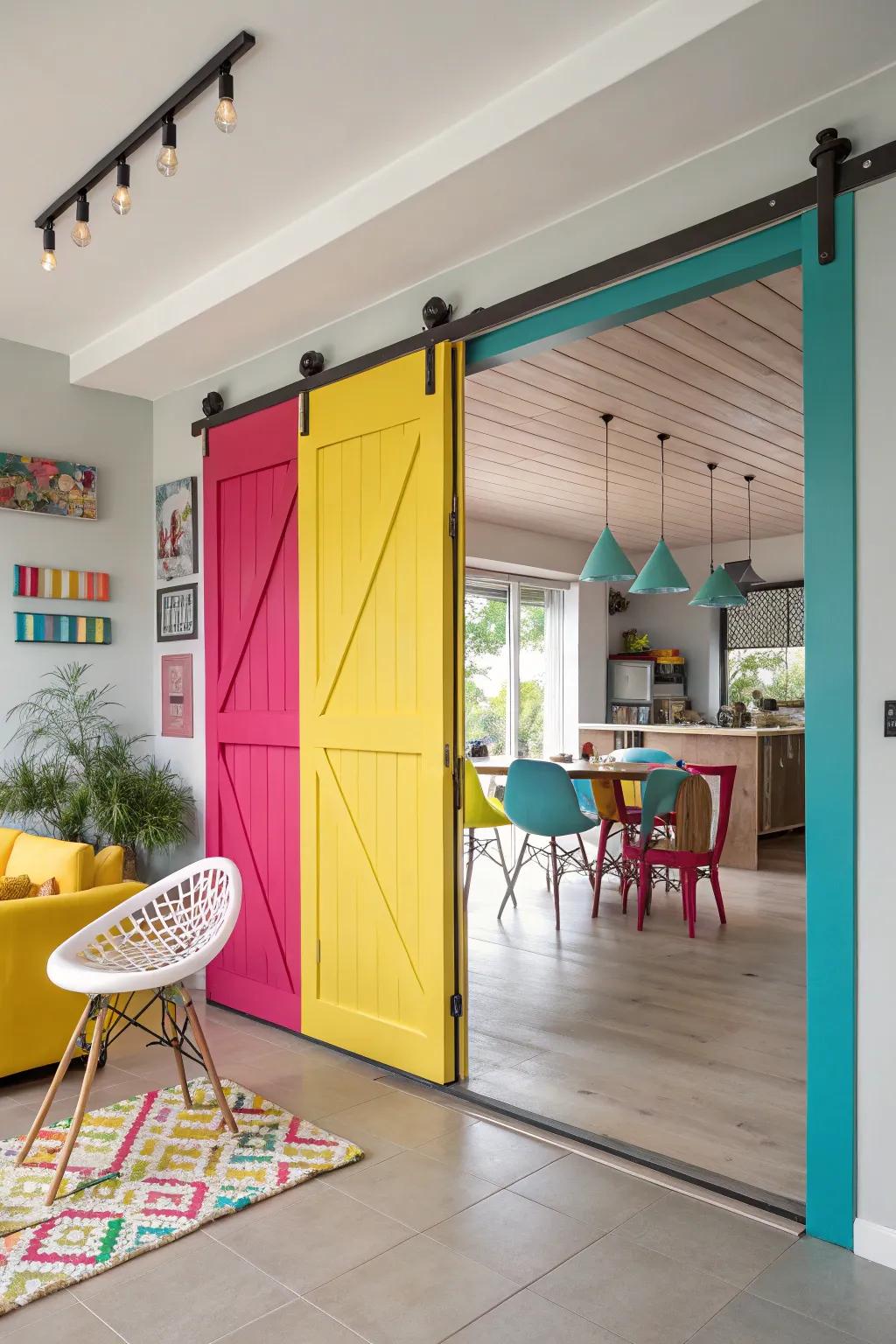 A colored sliding door brings energy and fun to this space.