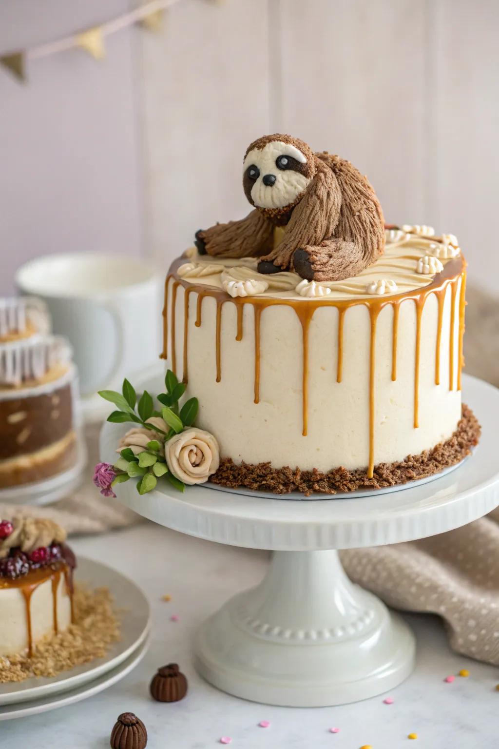 A dripping pattern infuses a nuance of sophistication into the slumbering creature cake.
