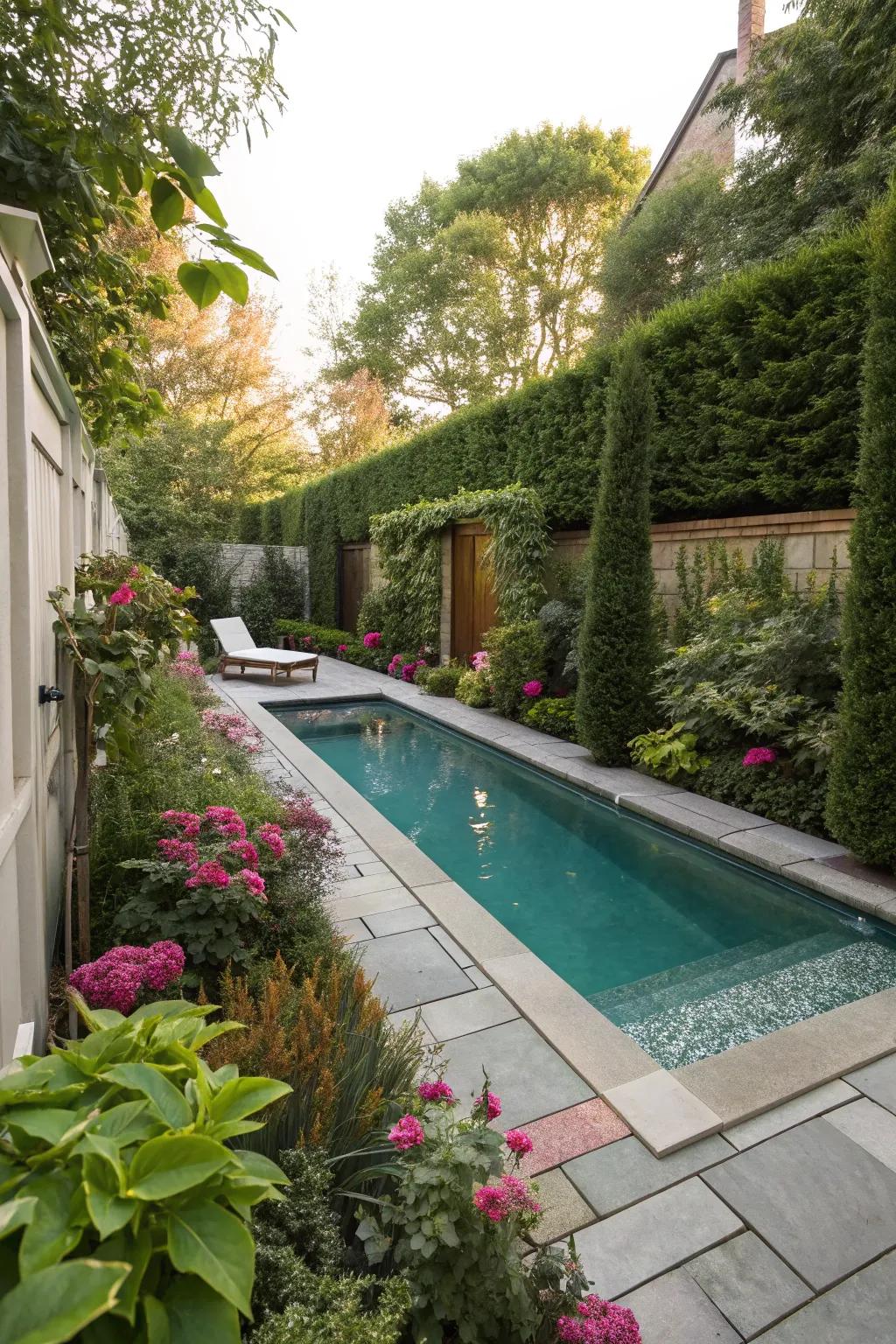 Lush greenscaping encircling a mini pool for incorporated privacy.
