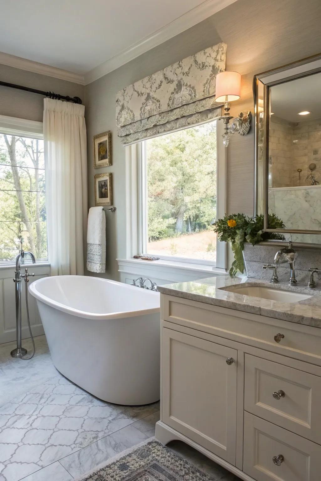 A petite bathroom boasts a chic standalone tub, anchoring attention with flair.