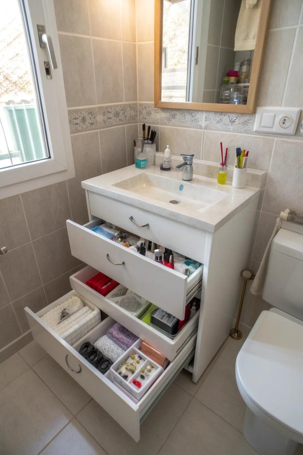 Slide-out drawers that make a small bathroom organizer more organized and easy to use.