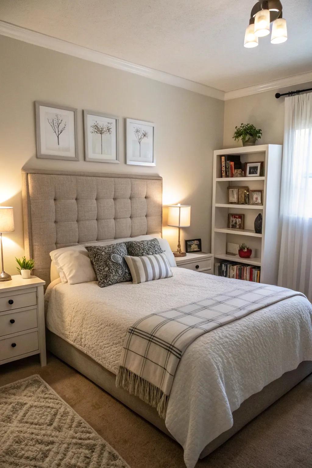 A compact bedroom with an extended headboard to give a wider appearance.