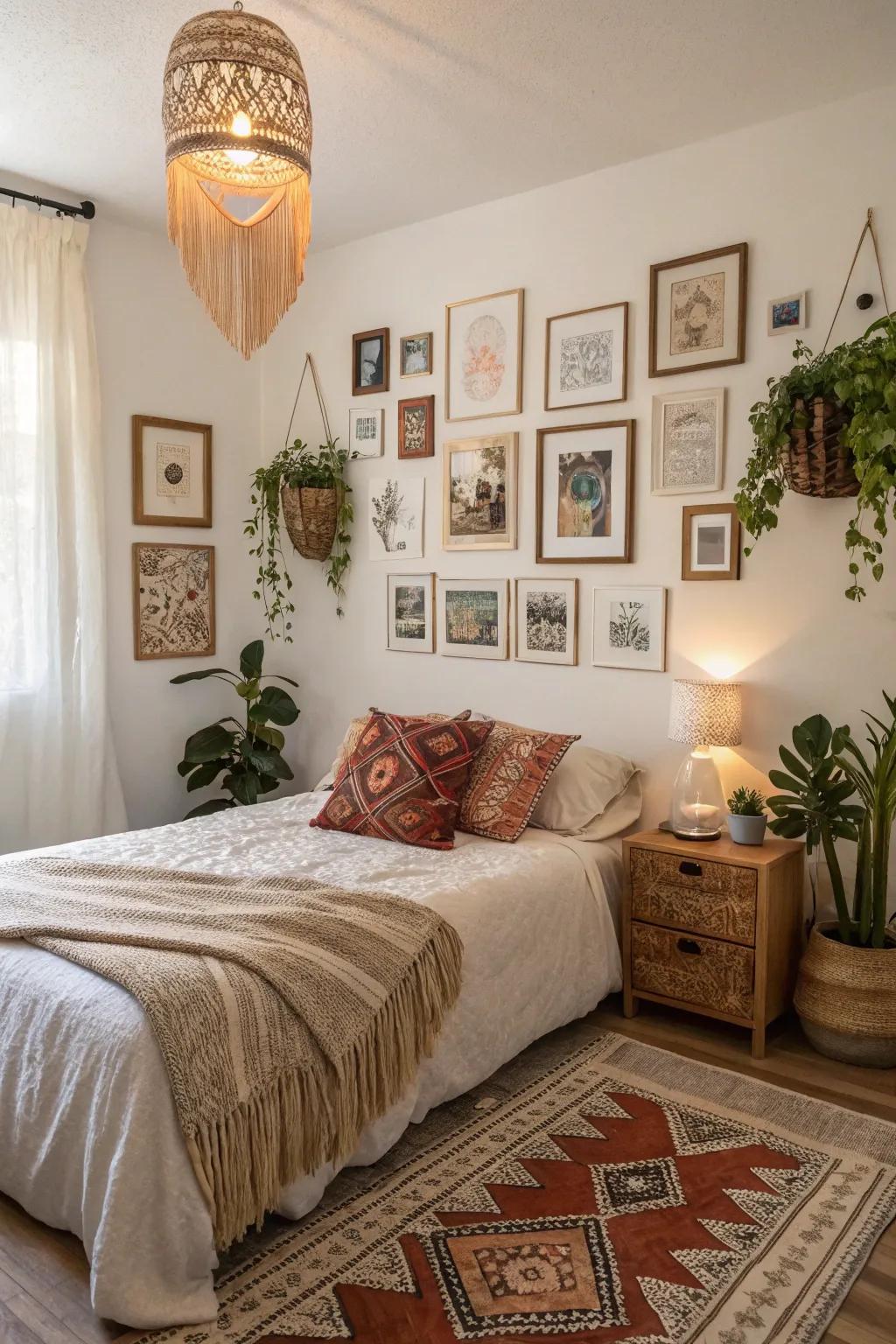 A gallery wall injects a personal and eclectic nuance into this boho bedroom