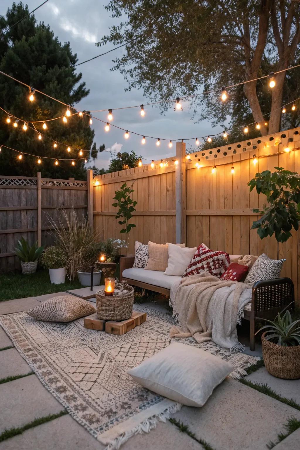 Twinkle star lights add a whimsical touch to the patio.