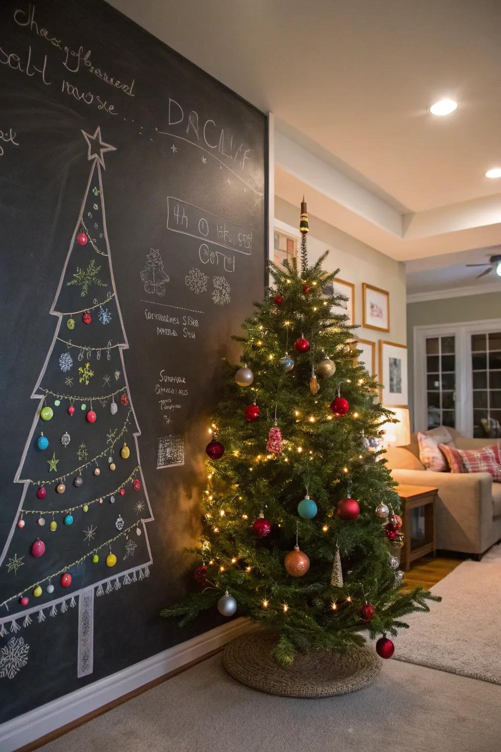 A chalkboard partition evergreen proffers a spirited expanse to embellish each holiday season.