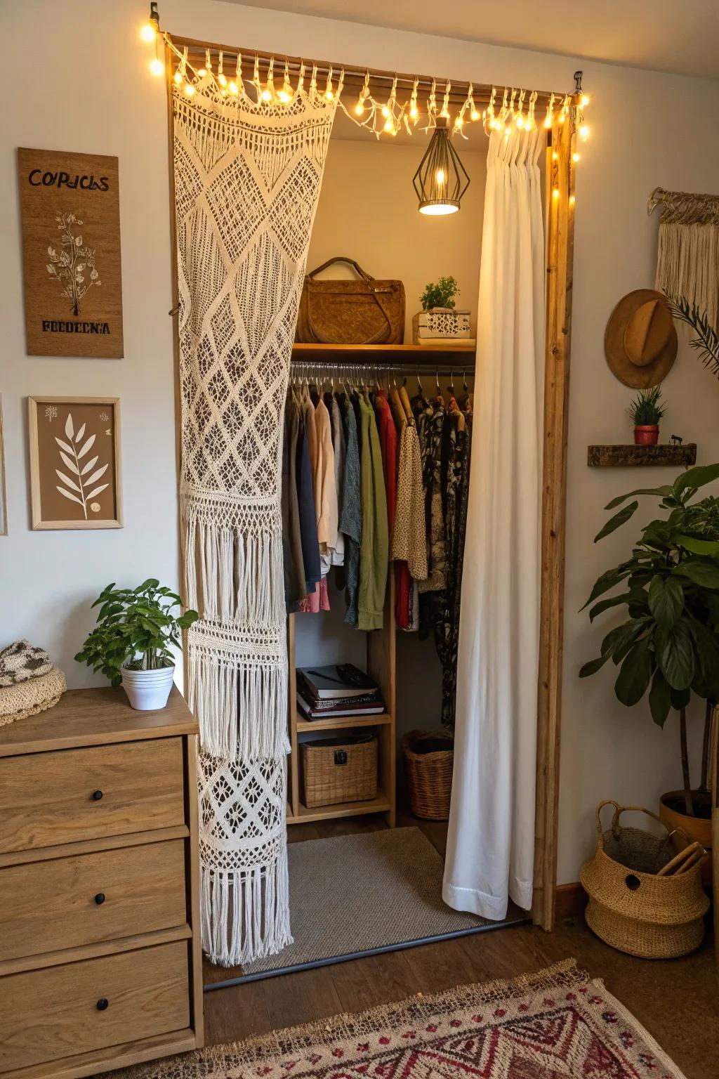 Macrame curtains offer a handcrafted, boho vibe.