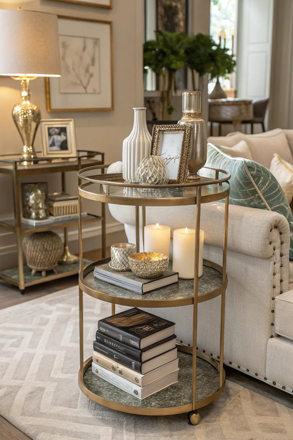 A multi-level end table combines style with functionality.