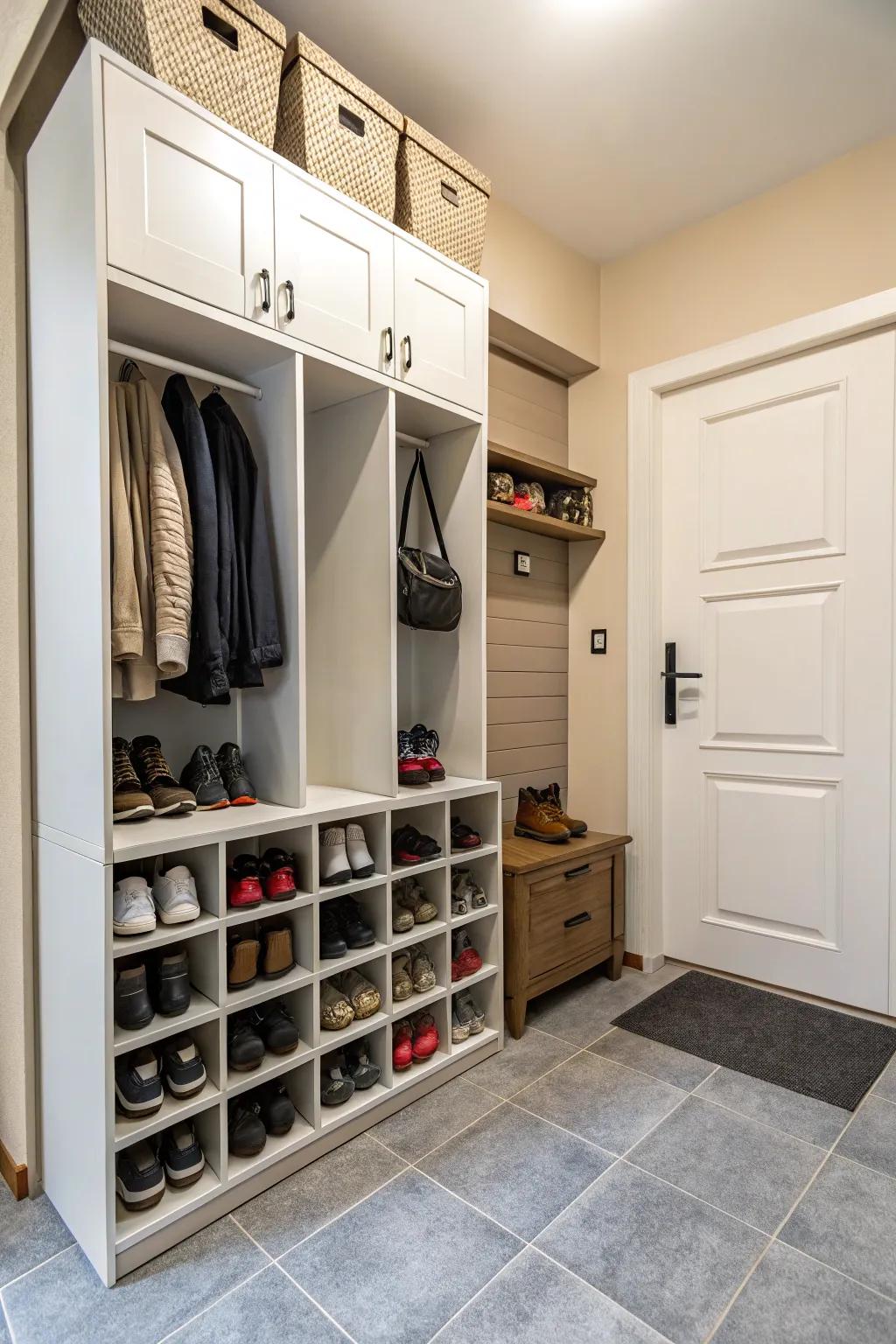 Modular units provide customizable footwear storage solutions.