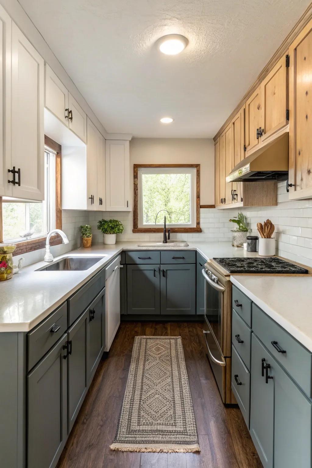 Dual-tone cabinets create visual dimension.