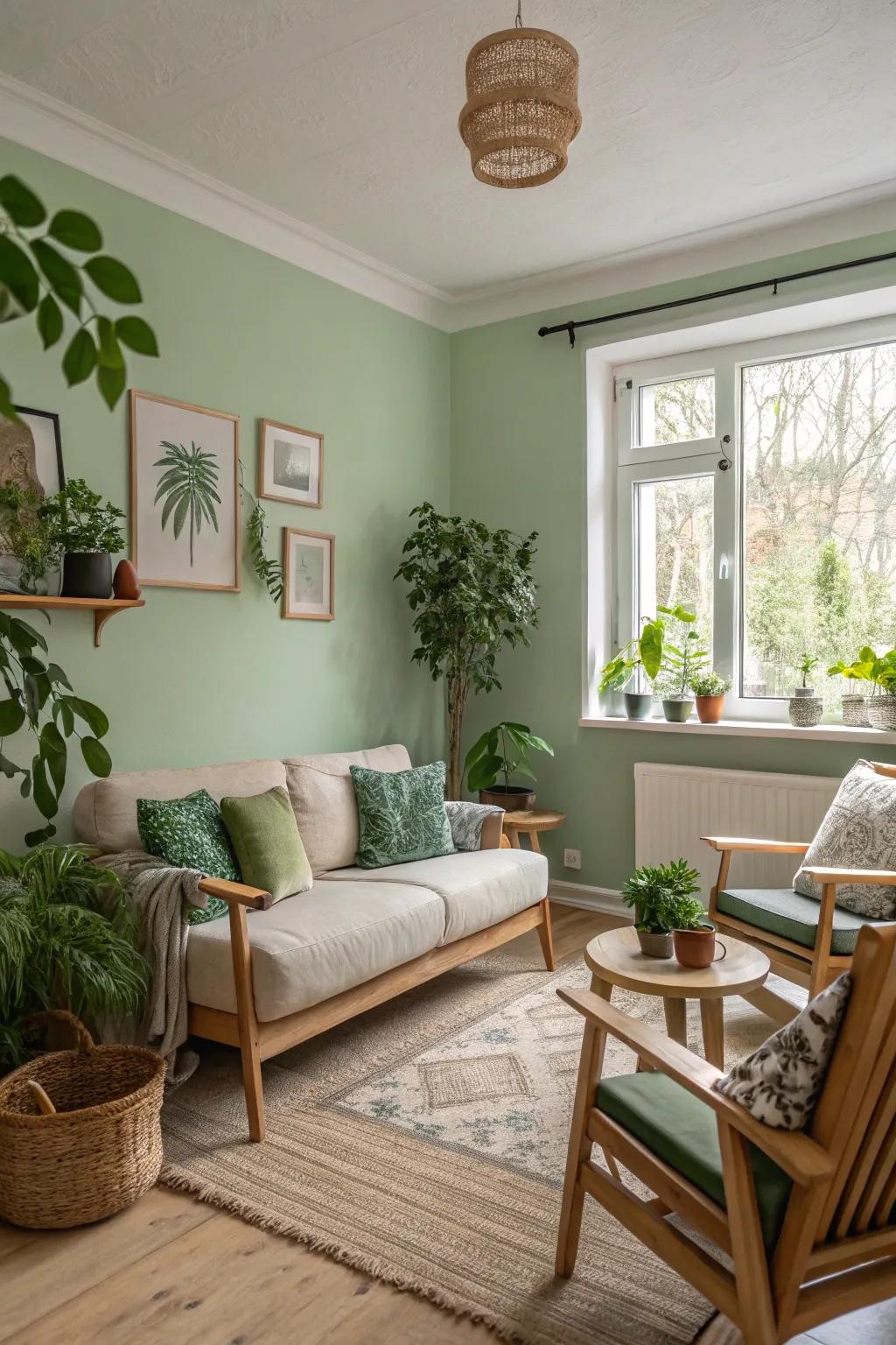 A compact living space showcasing gentle green walls for tranquility.