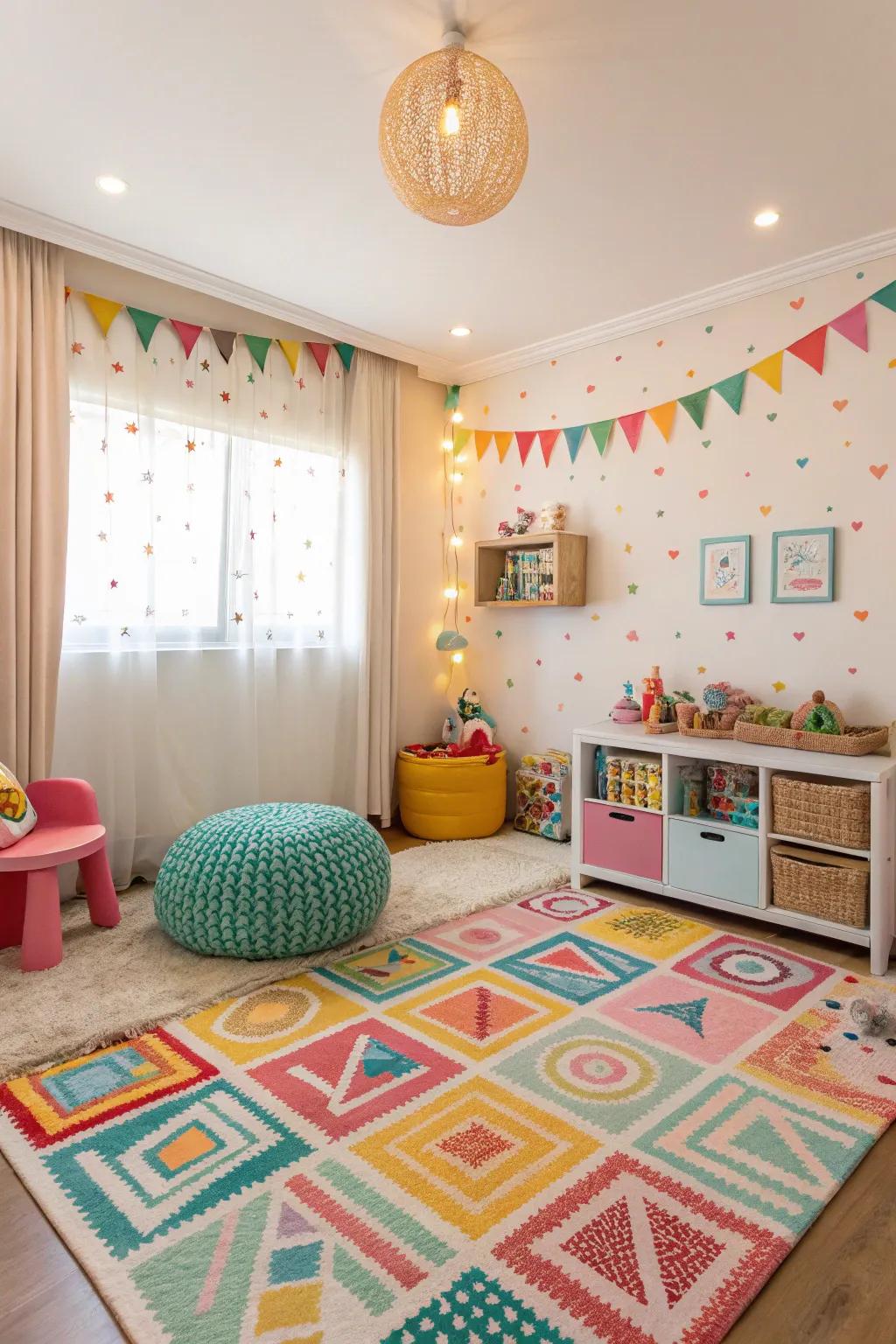 A chromatic rug bestows warmth and delineates play vicinities within diminutive chambers.