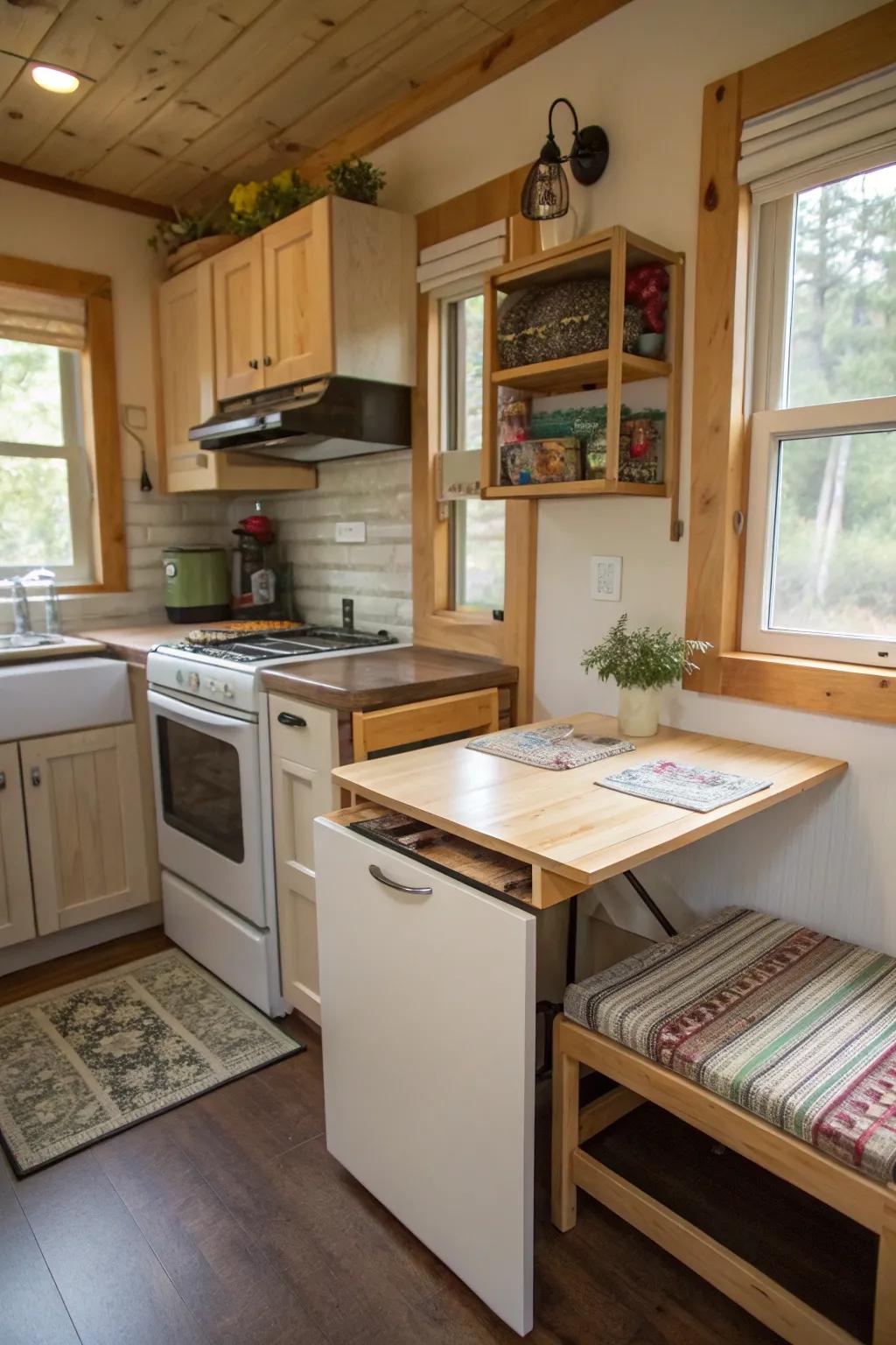 A folding table delivers adaptability in this multi-purpose cooking space.