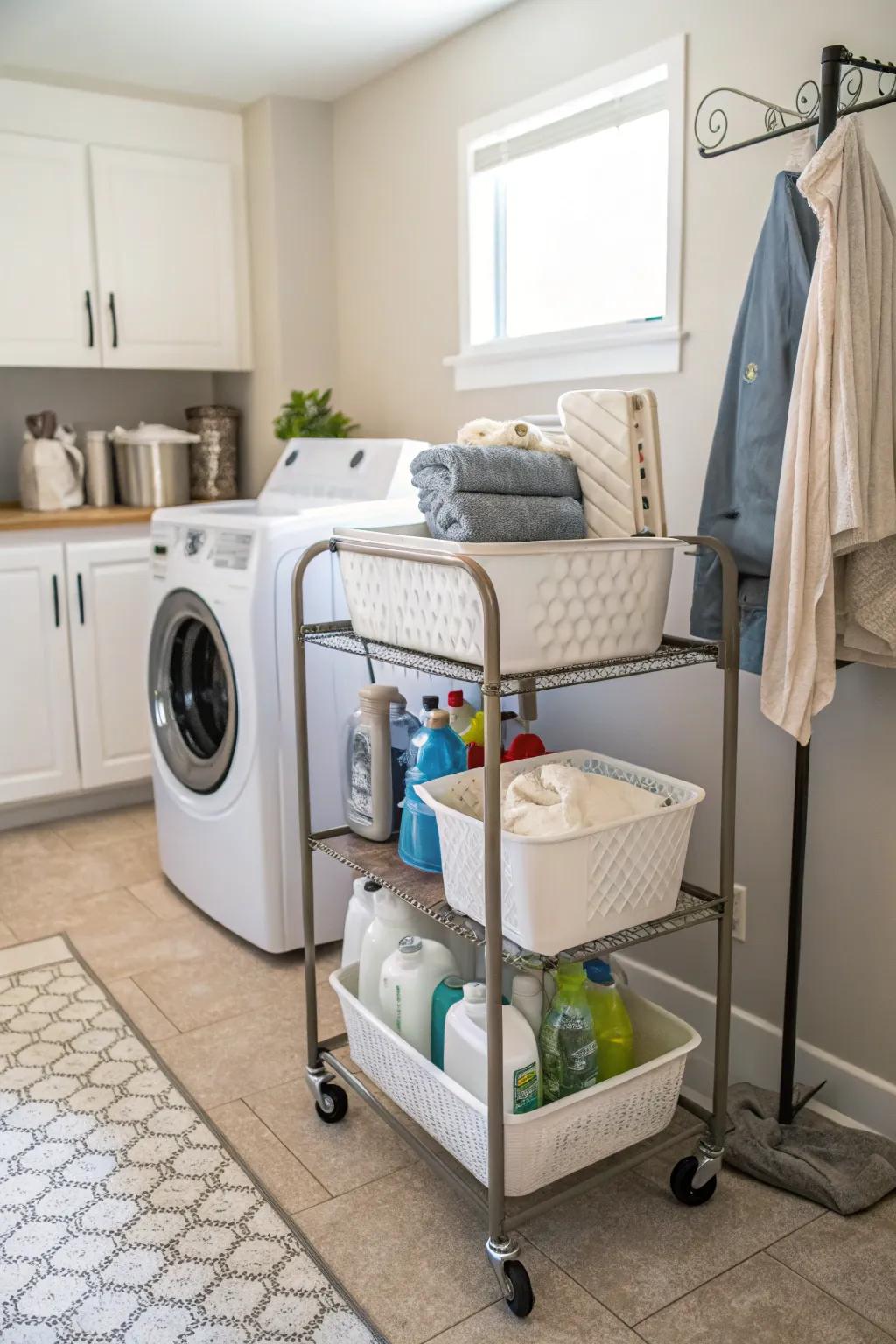 A mobile laundry cart keeps necessities close at hand.