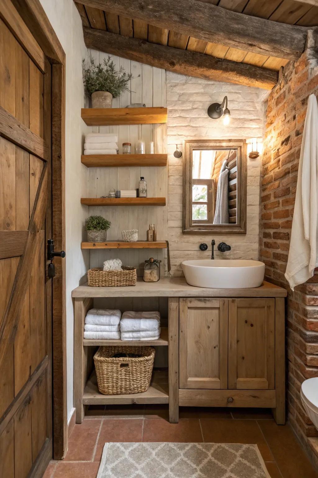 Open shelving provides both storage and display in a rustic bathroom.