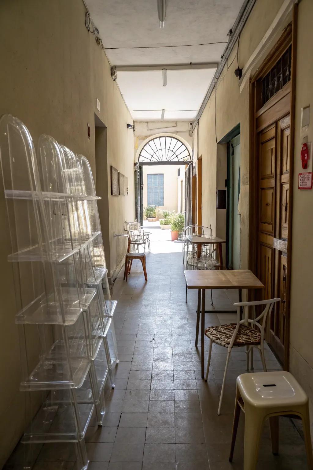 Transparent furniture can maintain a sense of openness in your slender passageway.