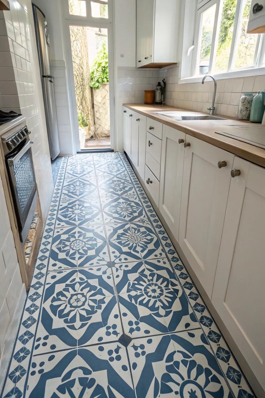 Patterned flooring infuses an exceptional touch into this slender cooking space.