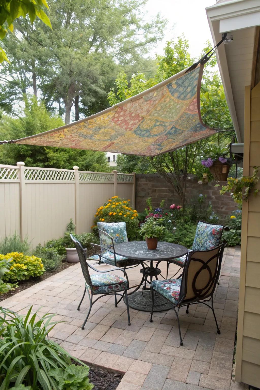 A DIY sunshade provides relief from the sun.