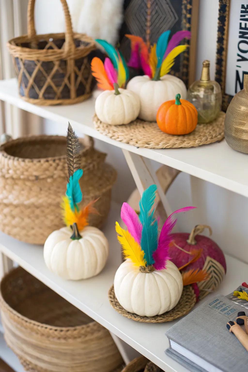 Pumpkins adorned with feathers gives off a whimsical, boho vibe.