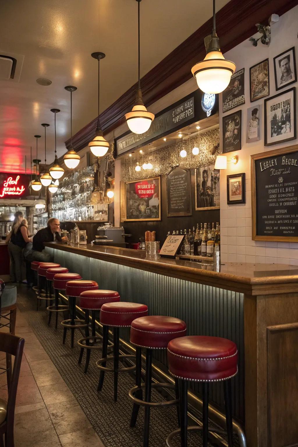 A unified aesthetic, like retro charm, can harmonize the design elements of a small restaurant bar.