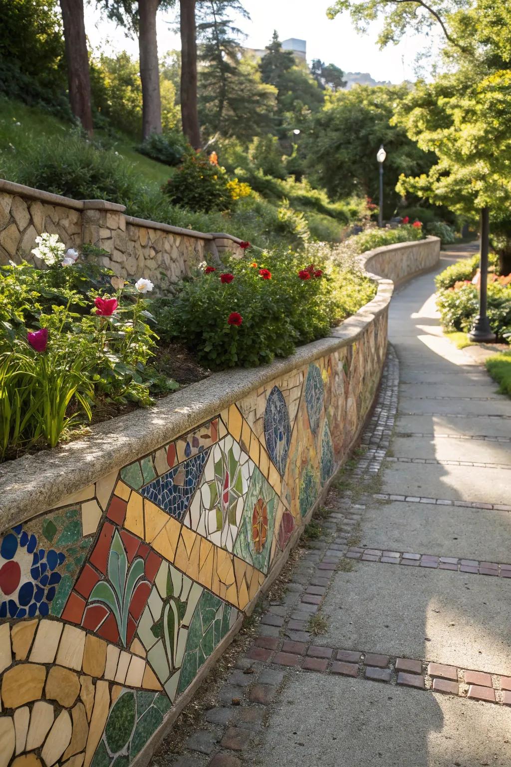 Mosaic blueprints transmute retaining structures into artistic masterpieces.