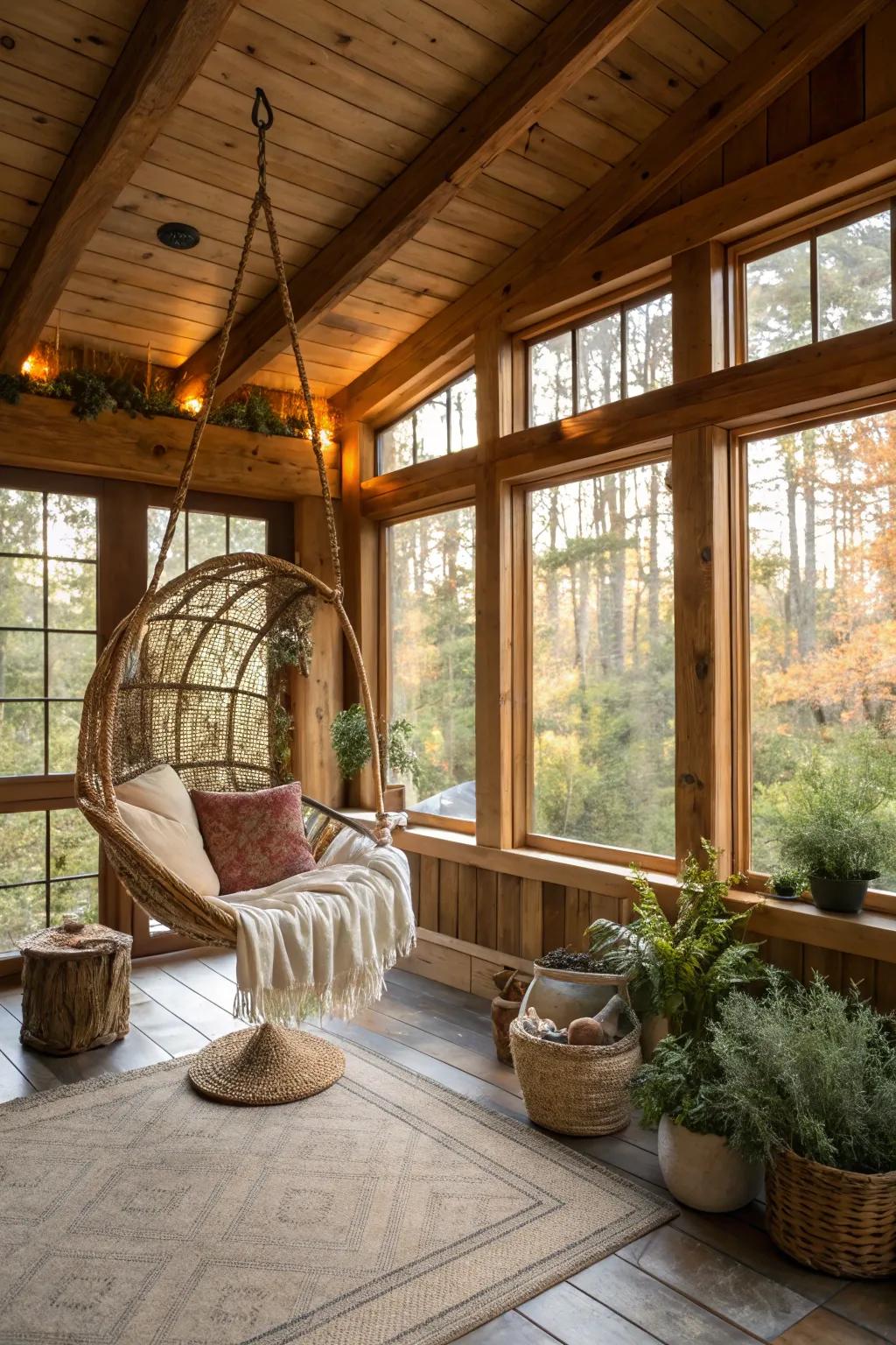 A suspended seat adds a playful and relaxing touch to this country-style sunroom.