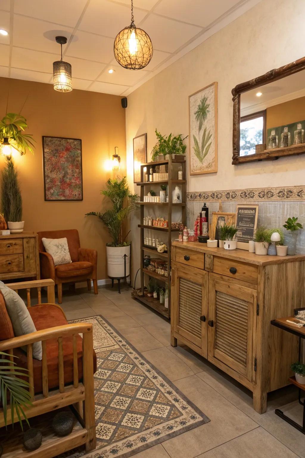 Artisanal decor imparts a singular essence to the salon.
