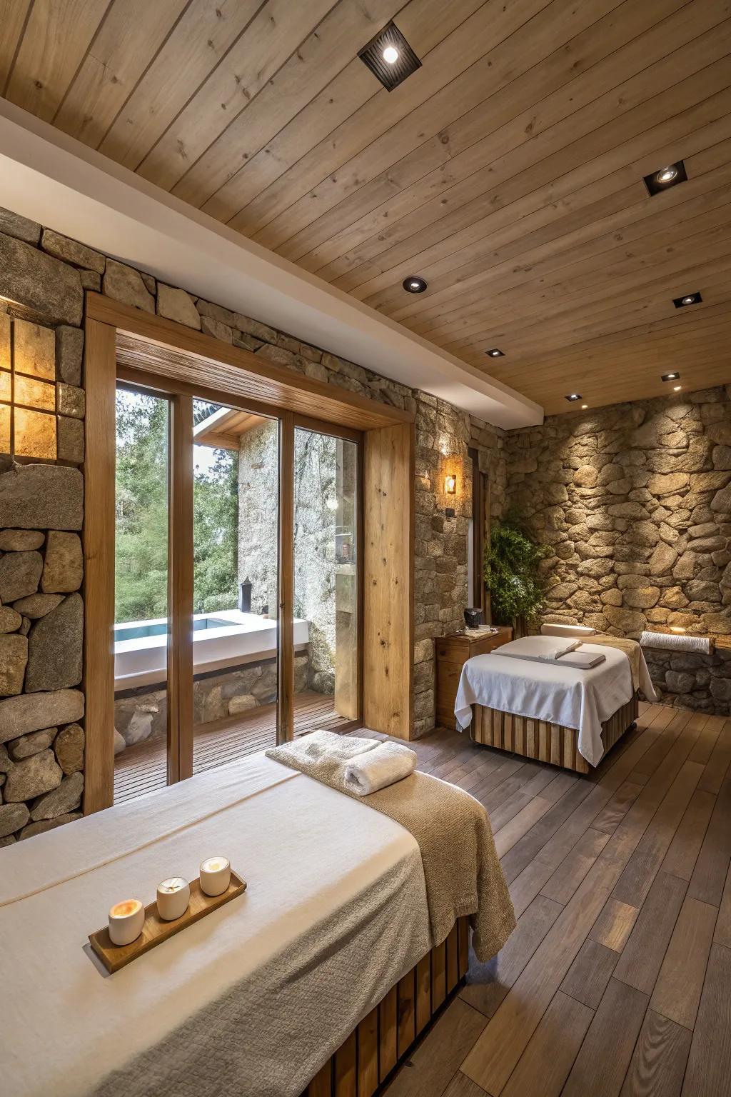 Texture variety in a spa room using wood and stone